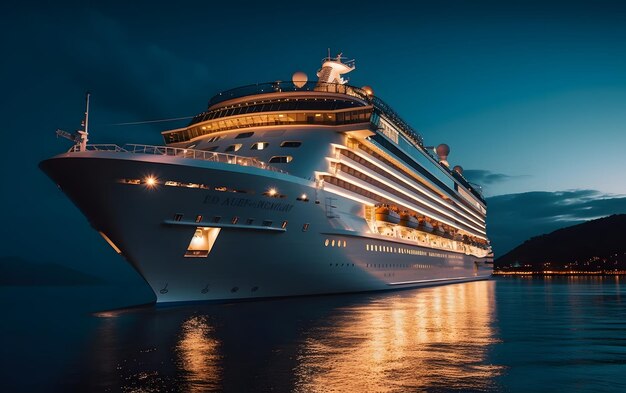 Luxury cruise ship docked at night